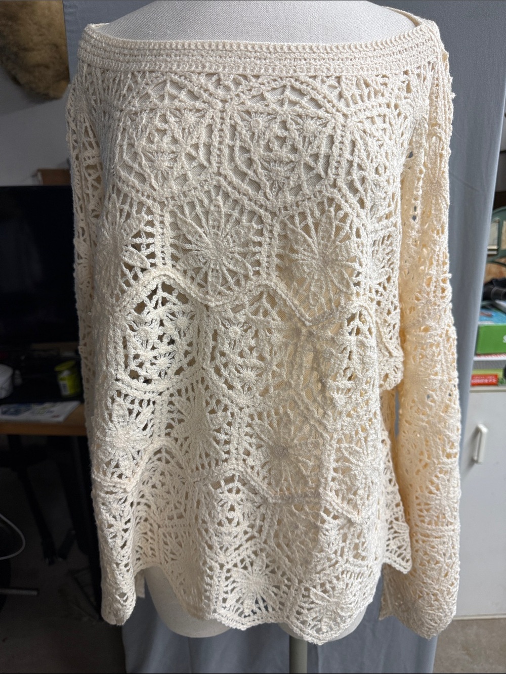 Amazon Essentials Cream Crochet Off-the-Shoulder Sweater